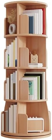 GAMAK Rotating Bookshelf Tower for Kids 360 Display 2-4 Tier Floor Standing Bookcase Revolving Bookcase Tower Small Corner Bookshelf for Small Space (Color : Wood, Size : Round_Four)