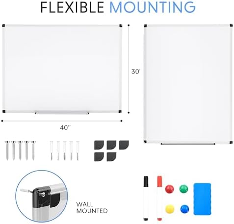 Simple Deluxe Magnetic Dry Erase Board 40" x 30" Whiteboard, 1 Dry Eraser & 2 Multicolor Markers & 4 Magnetic Pins, Silver Reinforced Aluminum Frame for Home, School, Office