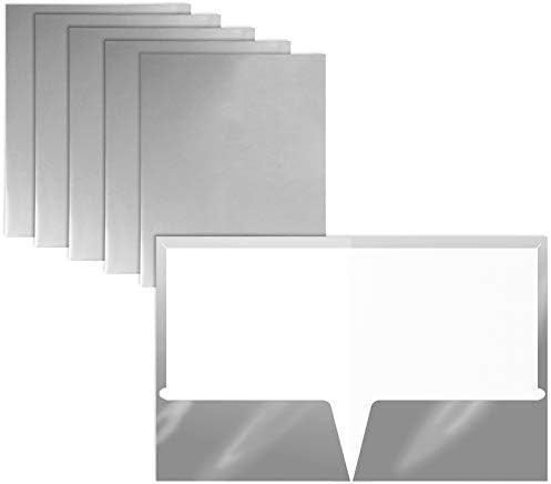 Better Office Products 2 Pocket Glossy Laminated Metallic Silver Paper Folders, Letter Size, 25 Pack, Paper Portfolios, Box of 25