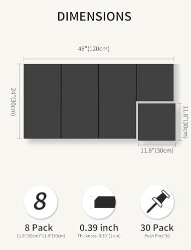 48" x 24" Cork Board Alternative, 8 Pack Felt Bulletin Board Tiles with 30 Adhesive Tabs Wall Push Pin Board for Office Classroom Bedroom Decor