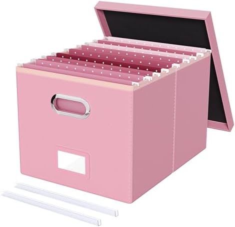Oterri File Organizer Box,Filing Box with Lid,File Box for Letter/Legal File Folder Storage, Portable Hanging File Box for Office/Decor/Home,1 Pack, Pink(Leather),Box only