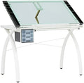 SD Studio Designs Futura Craft & Drawing Table with Adjustable Tempered Safety Glass Top – Modern Art Desk with Storage Drawers, Pencil Ledge, Matte Ivory/Sea Green Glass