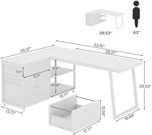 Tribesigns L-Shaped Computer Desk with 3 Drawers, Reversible Corner Home Office Desk with Shelves, 53-Inch Industrial PC Desk Study Writing Table Workstation for Small Space, White