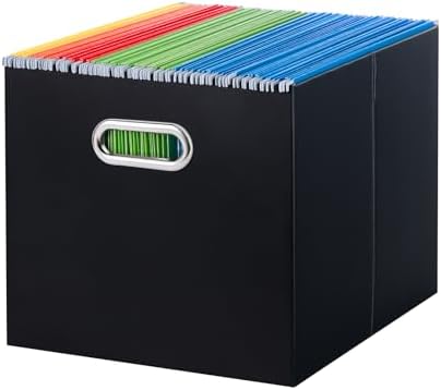 Oterri Portable Collapsible Cardboard File Box with Handle for Letter-Size | 1-Pack. Stainless Steel Handle. Label Stickers Included. Fits Letter Folders (Not Included). Home, Office, School, Dorm, Tax.
