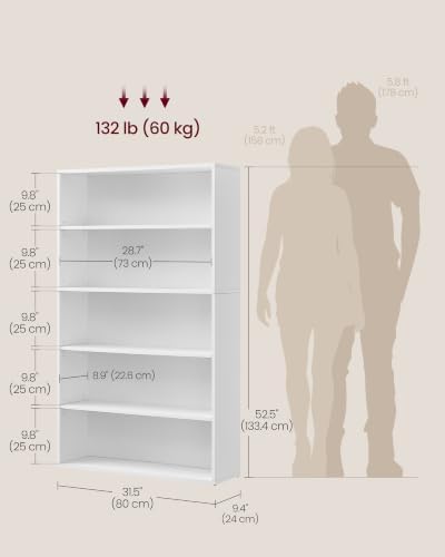 VASAGLE 5-Tier Bookshelf, Storage Organizer, 9.4 x 31.5 x 52.5 Inches