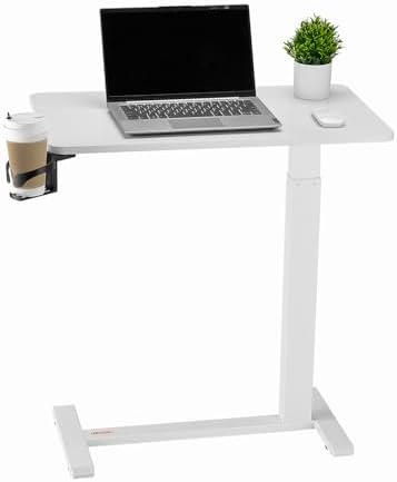 VEVOR Overbed Table, Over Bed Table with Wheels Adjustable Height, Mobile Hospital Bed Table, Rolling Laptop Desk with Fixed Top & Cup Holder, Portable Over Bed Desk for Home, Office, Study, White
