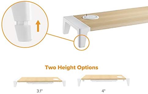 Bostitch Office Wooden Monitor Stand with Wireless Charging Pad, Drawer for Storage, Adjustable Height Riser Includes Removable Non-Skid Rubber Feet - Wood Grain and White (STND-2408WH)