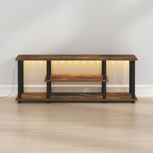 Furinno Turn-N-Tube 3-Tier No Tools TV Stand with LED Lights, Amber Pine | for TV up to 50 Inch, Open Frame Entertainment Center, TV Console for Living Room, Bedroom