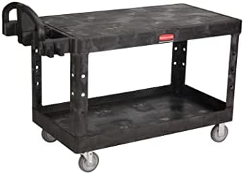 Rubbermaid Commercial Products 2-Shelf Utility/Service Cart, Large, Black, Flat Shelves, Ergonomic Handle, for Warehouse/Garage/Cleaning/Manufacturing