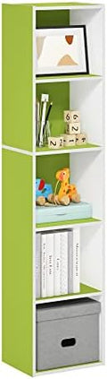 Furinno PASIR Book Shelf, 5-Tier Modern Bookshelf, Open Shelves Bookcase 9 x 12 x 52, Easy Assembly, for Living Room, Bedroom, Home Office, Green/White