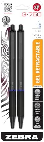 Zebra Pen G-750 Black Brass Retractable Gel Pen, Blue Ink, 0.7mm, 2-Pack
