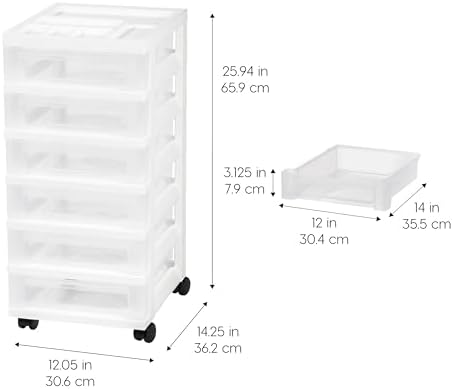 IRIS USA 6-Drawer Rolling Storage Cart, White/Clear