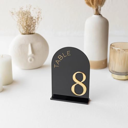 Black Arch Wedding Table Numbers 1-10, Gold Numbers and Stands