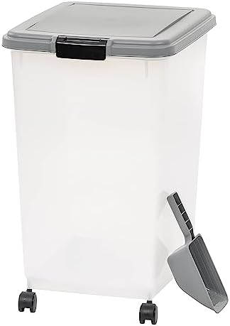 Amazon Basics Airtight Pet Food Storage Container with Scoop, BPA Free, Removable Wheels, 69 QT, Gray