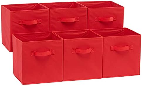 Amazon Basics Collapsible Fabric Storage Bins with Handles, Cube Organizer, Home Organization, 10.5"x10.5"x11", Red, 6-Pack