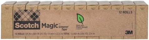 Scotch Magic Greener Tape, 12 Rolls, Numerous Applications, Invisible, Engineered for Repairing, 34 x 900 Inches, Boxed (Pack of 12)