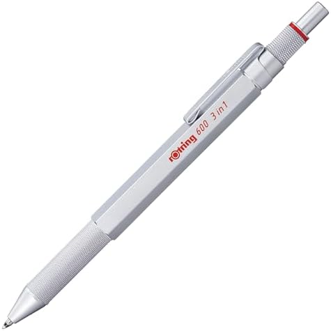 rOtring 600 3-in-1 Multicolor Pen and Mechanical Pencil, Switches Between 2 Ballpoint Pen Fine Point Tips (Black and Red Ink) and 1 Mechanical Pencil Tip (0.5mm Lead), Silver Barrel