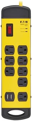 Eaton Tripp Lite series TLM825USB Heavy Duty Power Strip with Surge Protection & 2 USB Ports, 8 Outlets, 25ft Cord, 1960 Joules, Yellow Metal, Under Desk & Wall Mountable, Cord Wrap, Industrial Garage