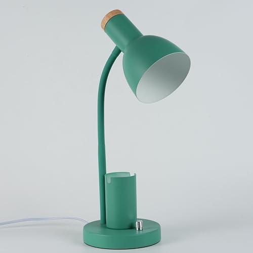 Desk Lamp with Pen Holder, Green, Wood Accent, Adjustable Gooseneck, Modern Study Light (Green)