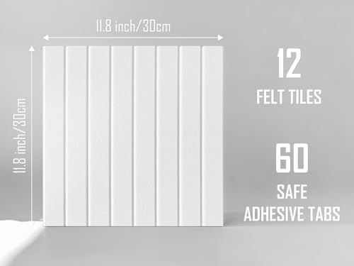 Slated Felt Bulletin Board Tiles | Cork Board Alternative for Walls | Wall Panels for Office & Home Decor | Aesthetic Pinboard & Photo Board | 12-Pack (11.8" x 11.8") with Adhesive | Pure White