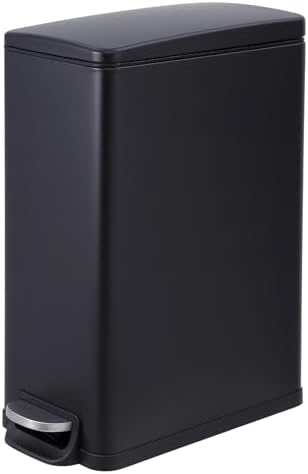PrecisionAuto 12 Gallon Slim Trash Can with Lid, 45L Stainless Steel Step Garbage Can with Soft-Close Lid & Inner Bucket, Narrow Kitchen Garbage Bin, Metal Wastebasket for Home/Office, Black