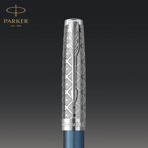 PARKER Sonnet Fountain Pen Premium Metal and Blue Satin Finish with Chrome Trim Fine 18k Gold Nib with Black Ink Cartridge Gift Box