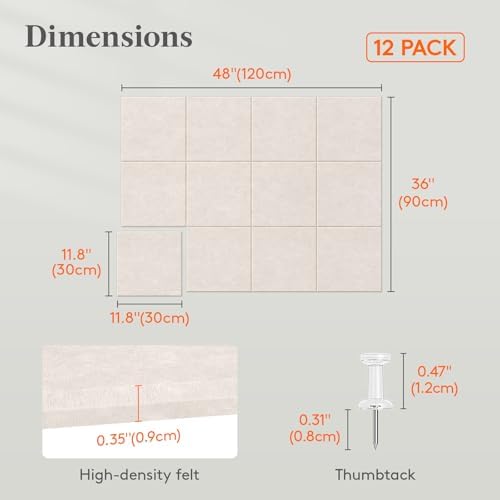 Lifewit 48"x 36" Felt Bulletin Board with Self-Adhesive, 12 Pack Cork Board Alternative for Walls, Large Pin Board Vision Board Message Board with 50 Pushpins for Office Decor, Room Decor, Oatmeal