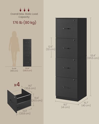 VASAGLE 4 Drawer File Cabinet with Locks, for A4, Letter Sized Documents
