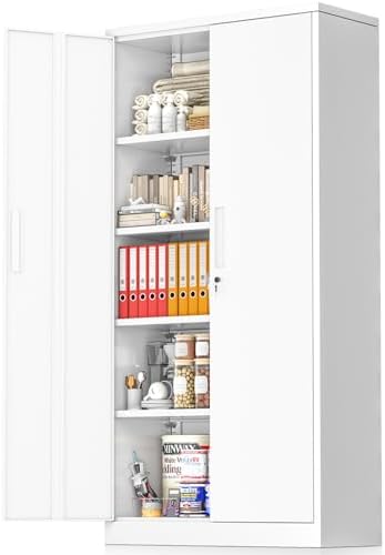Greenvelly White Metal Storage Cabinet, 72" Steel Locking Cabinet with Doors and 4 Adjustable Shelves, Tall Tool Cabinets Lockable File Cabinet for Home Office, Metal Classroom Cabinet for Garage