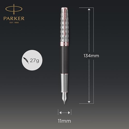 PARKER Sonnet Fountain Pen | Premium Metal and Grey Satin Finish with Rose Gold Trim | Fine 18k Gold Nib with Black Ink Cartridge | Gift Box