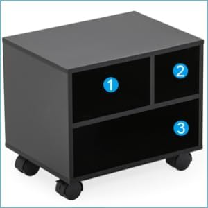 FITUEYES Mobile Printer Stand with Storage, Wood Small Printer Table, Black | Under Desk Rolling Work Cart with Wheels and 3 Compartment Organizer Spaces for Home Office, 15.7 x 11.8 x 13.8