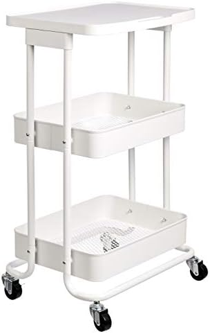 Amazon Basics 2-Tier Rolling Metal Utility Cart with Shelf, Portable Multi-Functional Storage, White