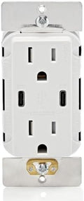 Leviton 60W (6A) USB Dual Type-C/C Power Delivery in-Wall Charger with 15A Tamper-Resistant Outlet, USB Charger for Smartphones, Tablets, Laptops, T5636-W, White