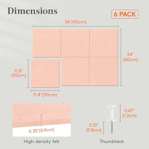 Lifewit 36"x 24" Felt Bulletin Board with Self-Adhesive, 6 Pack Cork Board Alternative for Walls, Large Pin Board Vision Board Message Board with 30 Pushpins for Office Decor, Room Decor, Pink
