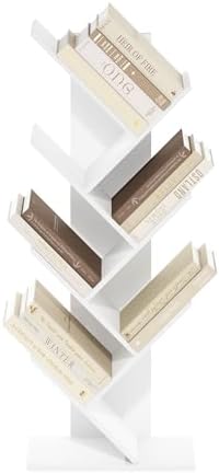 Furinno Tree Book Shelf, 7-Tier Bookshelf with Angled Open Shelf, Tree Bookcase for Room Decor, 8.4 x 15.7 x 39.4, for Organization and Storage, for Living Room, Bedroom, Home Office, White