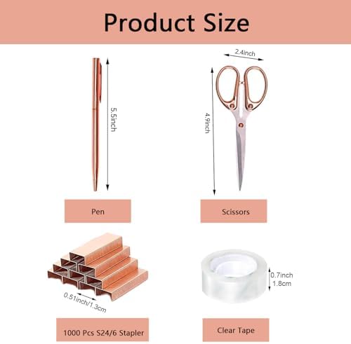 suniya Office Supplies Rose Gold Desk Accessories Set Office Supplies Kit with Stapler, Tape Dispenser, Scissors, Staple Remover, Ballpoint Pen, Clear Tape & Staples – Best Gift for Business or Boss