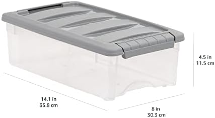Amazon Basics Plastic Storage Containers with Secure Latching Lids, Stackable Organization Bins, Clear/Grey, 5 Quart, Set of 10