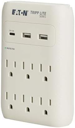Eaton Tripp Lite SK60C Wall Surge Protector Power Strip & USB Wall Charger, 6-Outlet Extender, 1 USB-C + 2 USB Ports, 1080 Joules, Multi-Plug Outlet Splitter, Gray, Lifetime Manufacturer's Warranty