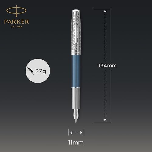 PARKER Sonnet Fountain Pen Premium Metal and Blue Satin Finish with Chrome Trim Fine 18k Gold Nib with Black Ink Cartridge Gift Box