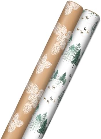 Hallmark Christmas Wrapping Paper, 2 Rolls (Pine Cones on Kraft, Trees)
