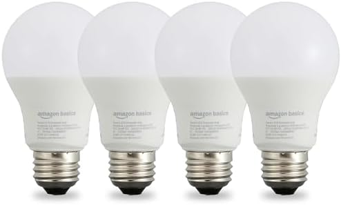 Amazon Basics Smart A19 LED Light Bulb, Dimmable Soft White (2700K), 9W (60W Equivalent), 800LM, Energy Efficient, Works with Alexa Only, 2.4 GHz Wi-Fi, No Hub Required, 4-Pack