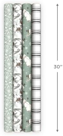 Hallmark Sage Green Christmas Wrapping Paper, 4 Rolls (Plaid, Snowmen)
