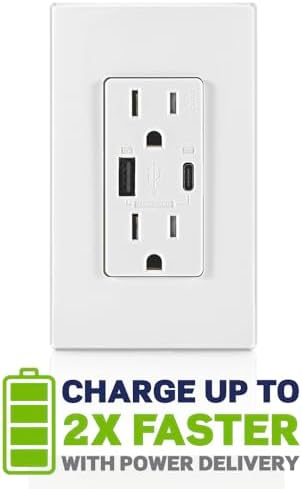 Leviton 60W (20V@2.5A+ 5V@2A) USB Dual Type A/Type-C Power Delivery in-Wall Charger with 15A Tamper-Resistant Outlet, USB Charger for Smartphones, Tablets, Laptops, T5634-W, White