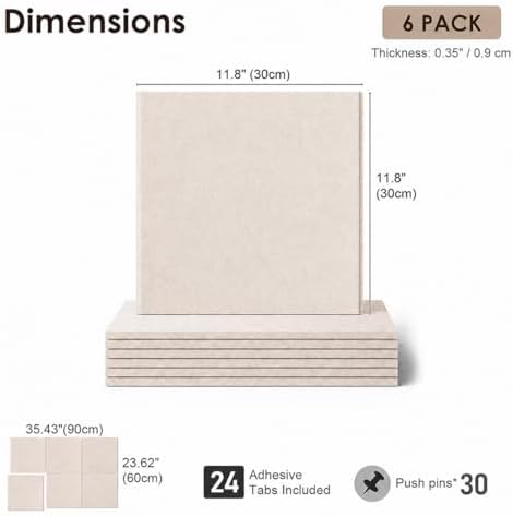 SIOLOC Felt Bulletin Board Tiles, 6 Pack Oatmeal Beige Cork Board Alternative for Walls, Large Felt Wall Tiles, 36''x 24‘’ Push Pin Board for Home Office, Classroom, Dorm Decor