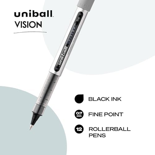 uni-ball(R Vision(TM) Rollerball Pens,0.7 mm,Fine Point,Gray Barrel,Black Ink,60126,12 Count (Pack of 12)