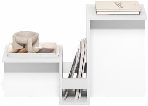 Furinno BOYATE Valley-Shaped Side Table with Open Shelf, White | Compact, Narrow, Tiered Levels and Magazine Rack, High-Low Tabletop, End Table, for Living Room, Bedroom