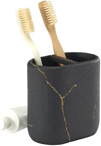 Nicole Miller - Bathroom Set, 2pc Resin Accessories, Toothbrush & Lotion Pump/Soap Dispenser, Dorm Room Essentials (Sydney Collection, Black/Gold)