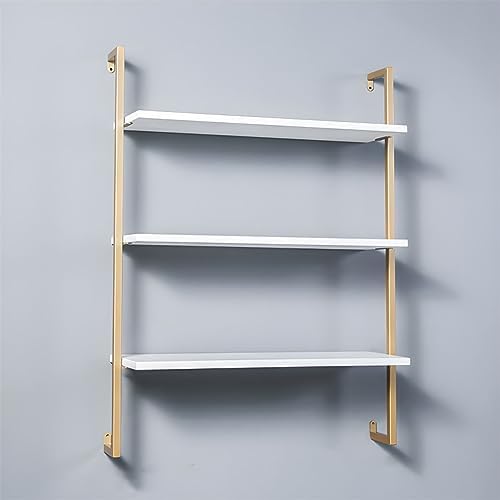 Contemporary Wall Unit Bookcase Metal Frame Pine Wood Shelf Bookshelf Wall-Mounted Bookshelf Wrought Iron Bag Rack Multi-Layer Clothing Store Decoration White Gold 31.5" L x 9.8" W x 42.5" H
