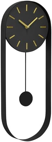 VERTA Modern Pendulum Wall Clock, Minimalist Black Iron Wall Clock with Gold Accents, Quartz Movement, Swinging Pendulum, 21.75″ Tall