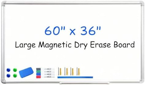 DEVELOP Magnetic Large Dry Erase White Board, 60 x 36 Inches / 5’ x 3’ Wall-Mounted Whiteboard for Office Classroom Home, Includes 4 Markers, 4 Magnets, Ruler & Erase